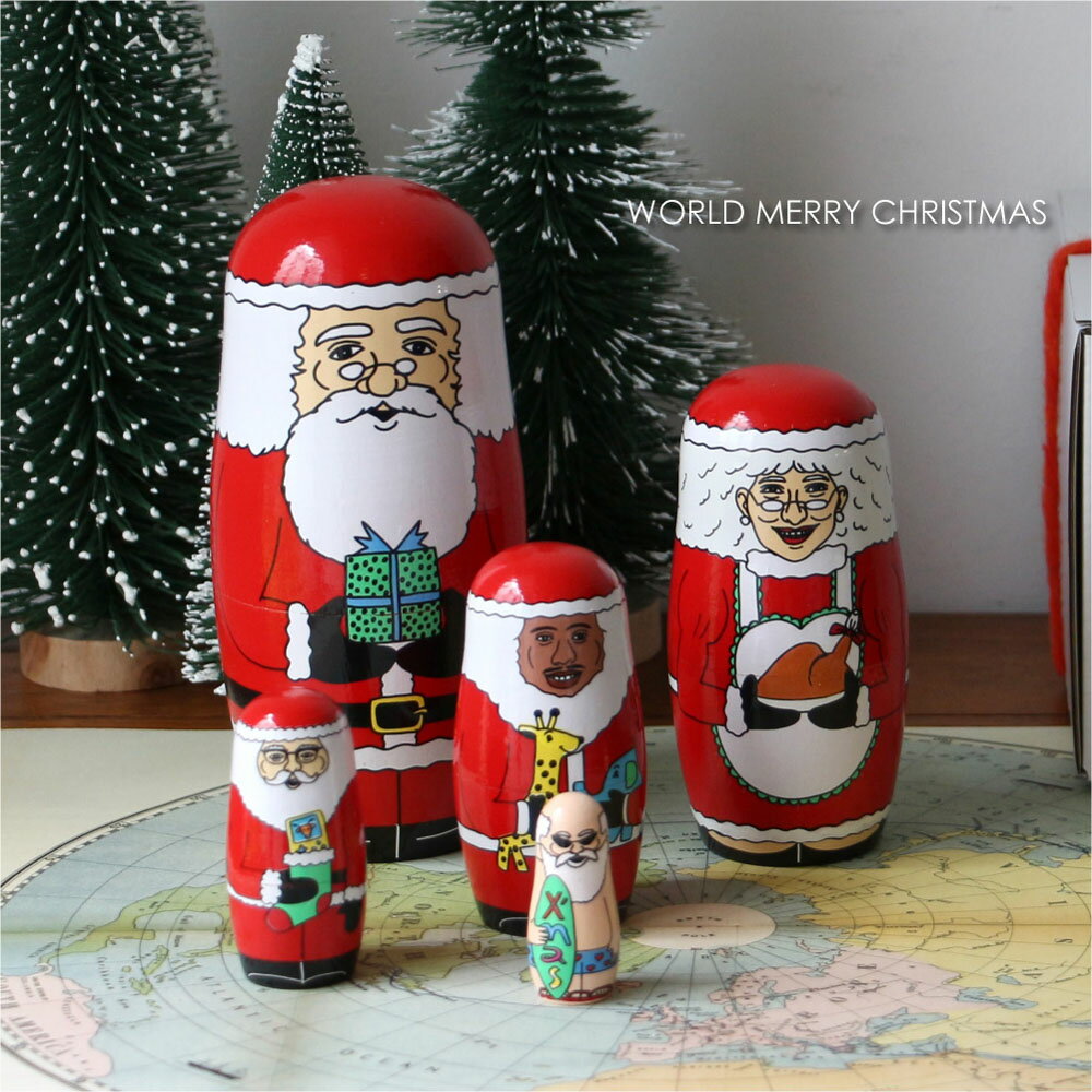 WORLD MERRY CHRISTMAS クリスマス オブジェ かわいい サンタクロース 雑貨 プレゼント ギフト グッズ インテリア オブジェ かわいい おしゃれ おもしろ 置物 玄関 人形 木製 マトリョーシカ MIDORI KOMATSU