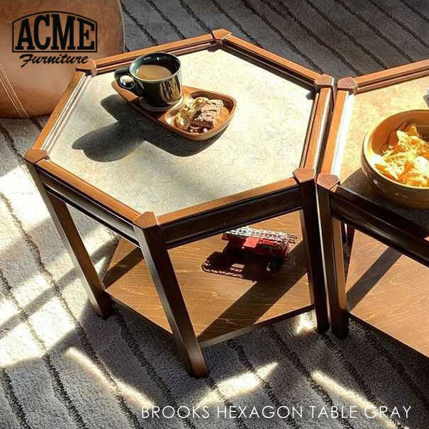 ACME FURNITURE BROOKS HEXAGON TABLE GRAY ブルックスヘキサゴンテーブル グレー ガラス サイドテーブル 六角形 収納 棚付き 家具 おしゃれ 可愛い 北欧 木製 西海岸 ミニテーブル