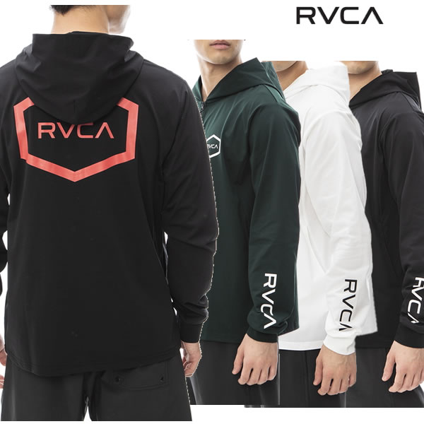 RVCA ラッシュガード HEX LS SURF HOODIE BE041800 定価　￥9,900（税抜き） サラッとした肌あたりで、クイックドライとUVプロテクション（UPF50）を備えたジップアップフーディー仕様のラッシュガード。左胸と背面にに6角形のRVCAロゴを配し、左袖にもネームロゴをプリントしました。袖口は指貫きリブを使用で、両サイドにポケットを装備。ややゆったりめのサイズ感で羽織りやすい1着です。 素材： ポリエステル100％ サイズ 身丈/身幅 S: 67/57 M: 70.5/58 L: 72.5/60 XL: 75.5/62 ※商品毎に若干誤差があります。 ◆予めご了承下さいませ◆ 在庫システムのデータ反映タイムラグ等により、まれにご注文商品が欠品している場合がございます。 お使いのパソコンやモニターの環境により、色に違いが 出ることがあります。