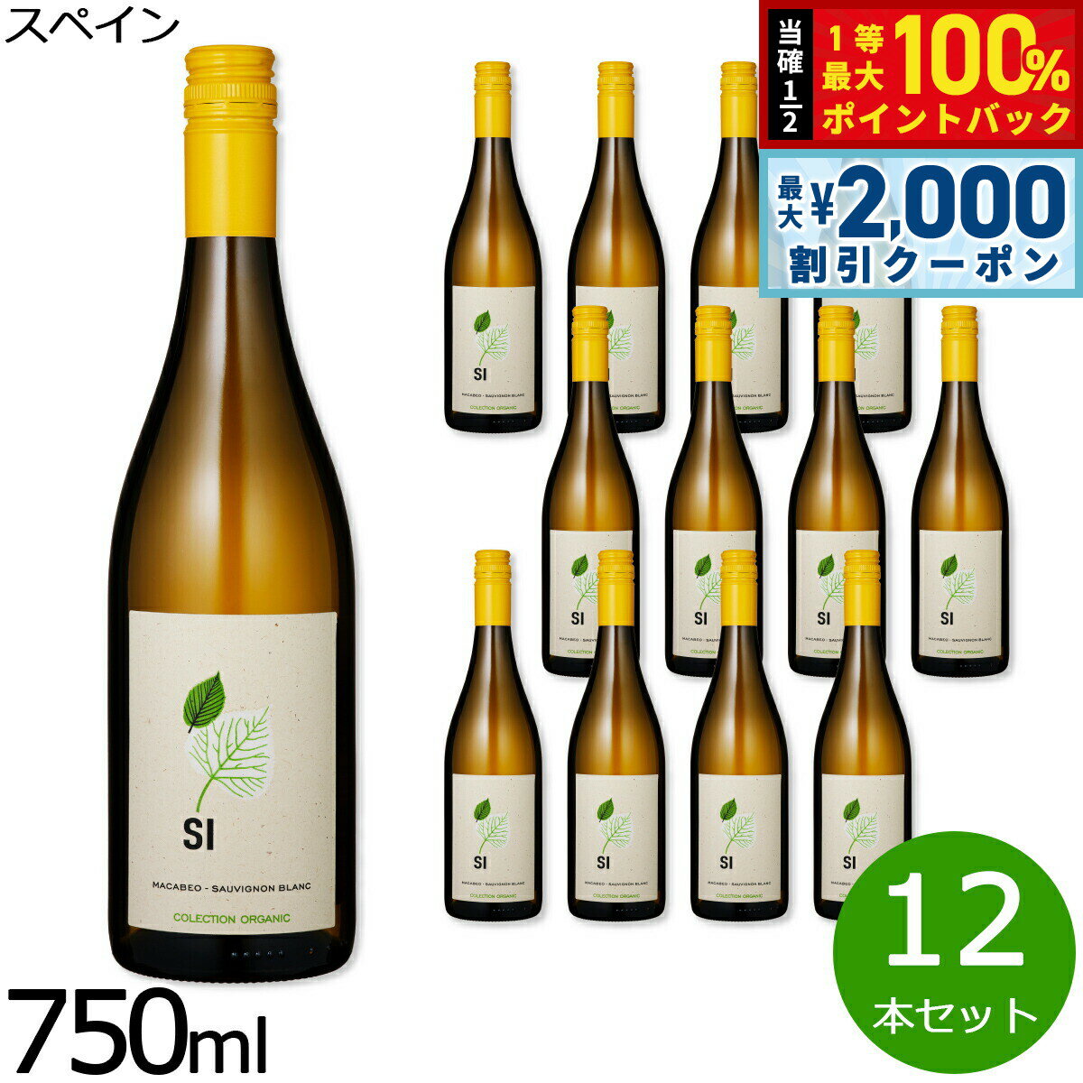 【15日限定！2000円OFFクーポン＆抽選で最大10000ptバック】自然派ワイン シー オーガニック マカベオ=ソーヴィニヨン ブラン スペイン産 辛口 白ワイン スペインワイン 有機栽培 ビオワイン 1ケース（12本セット）