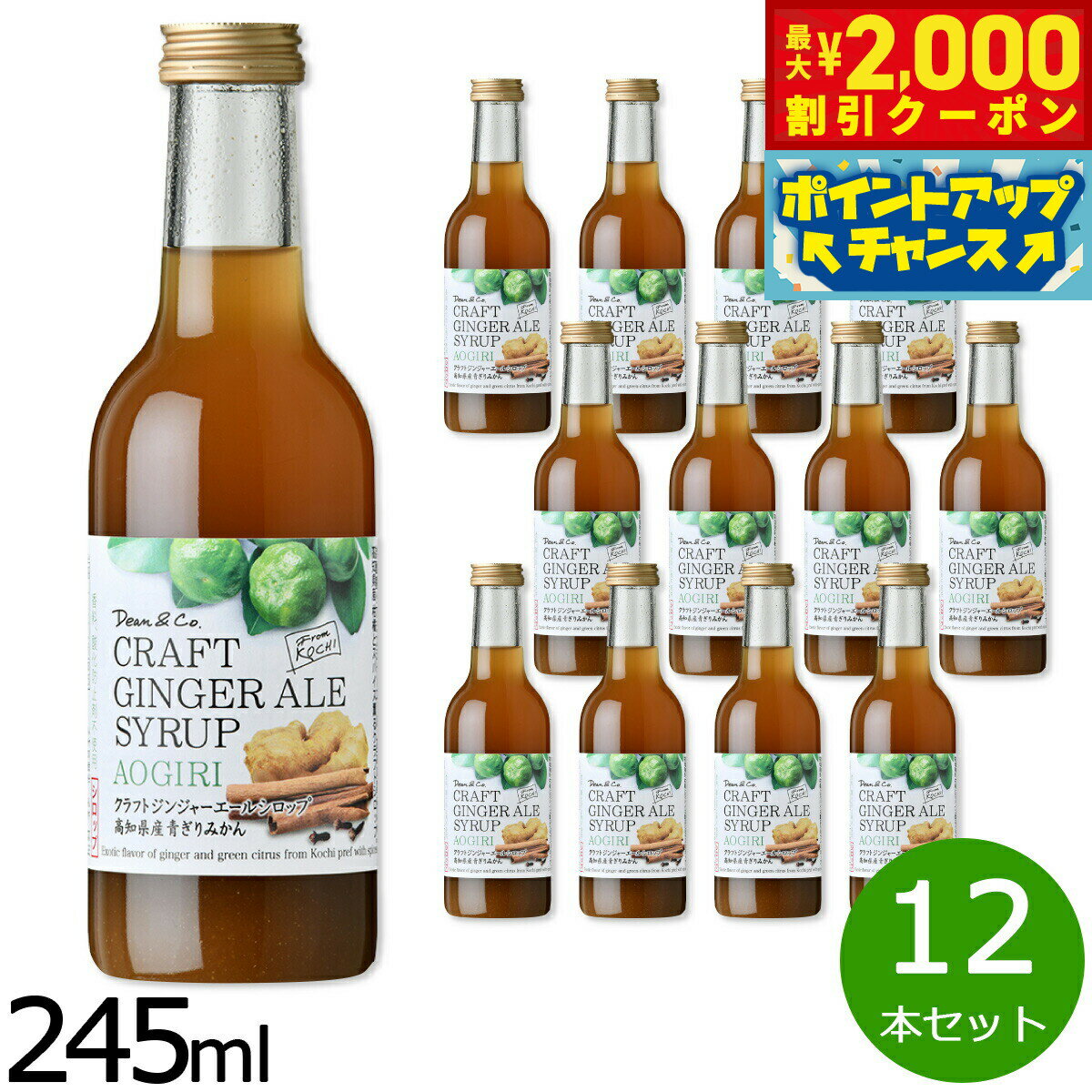 【2000円OFFクーポン！＆店内ポイント最大52倍！マラソン限定！】Dean＆Co. ジンジャーエールシロップ青ぎりみかん 245ml×12本セット 希釈用ドリンク 生姜 はちみつ 無添加 国産 割り材 スパイス 【送料無料】