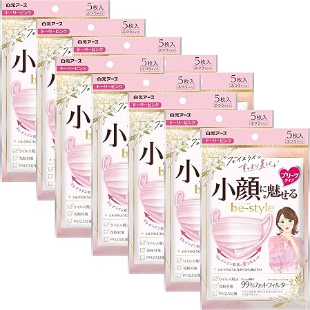 ≪スーパーSALE 限定　先着クーポン配布中≫白元アース ビースタイル プリーツタイプ ふつうサイズ ドーリーピンク 5枚×10袋（50枚）小顔に魅せる マスク