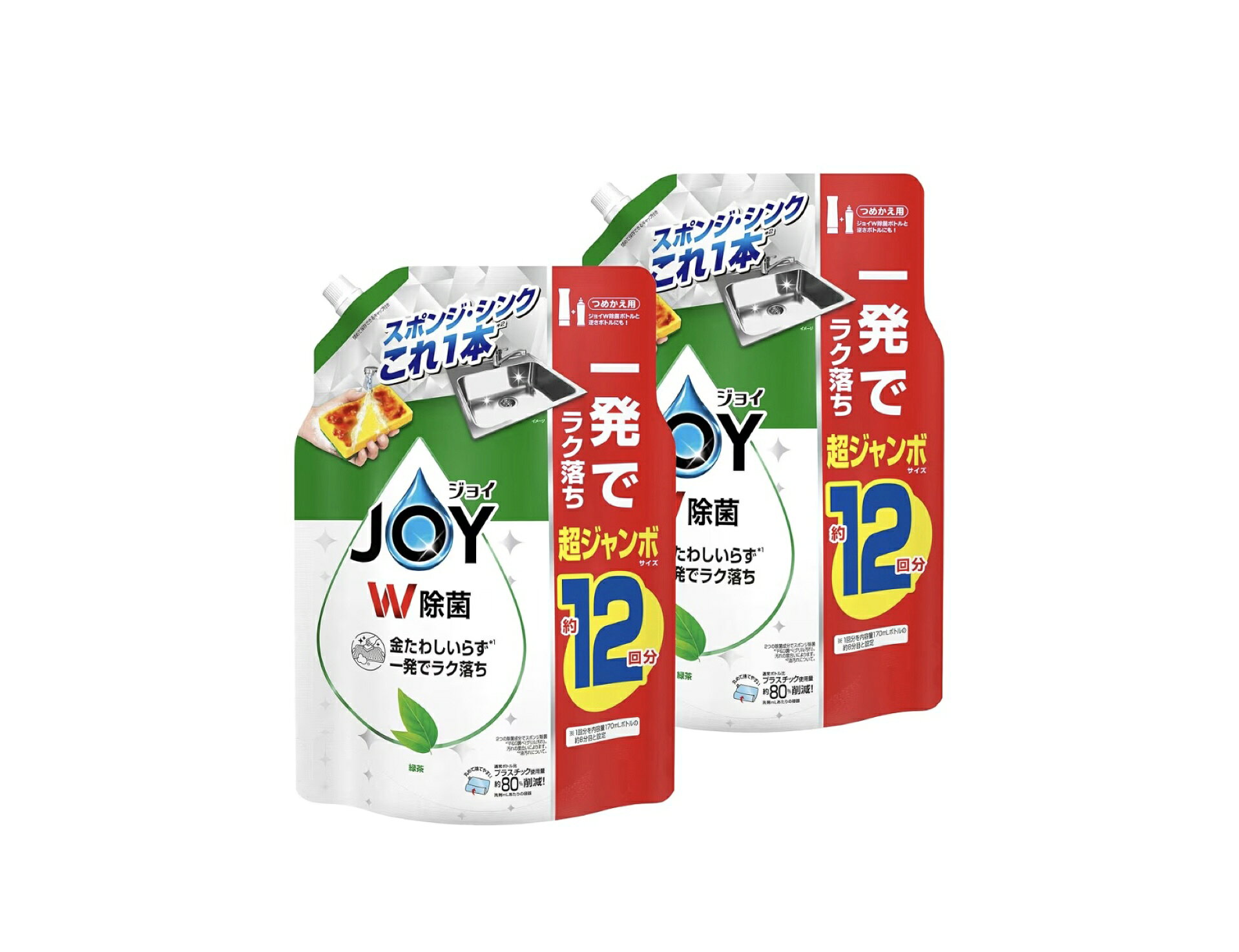 JOY ジョイ W除菌 食器用洗剤詰め替え 液体 超ジャンボ 12回分【緑茶】1,550mL×2袋