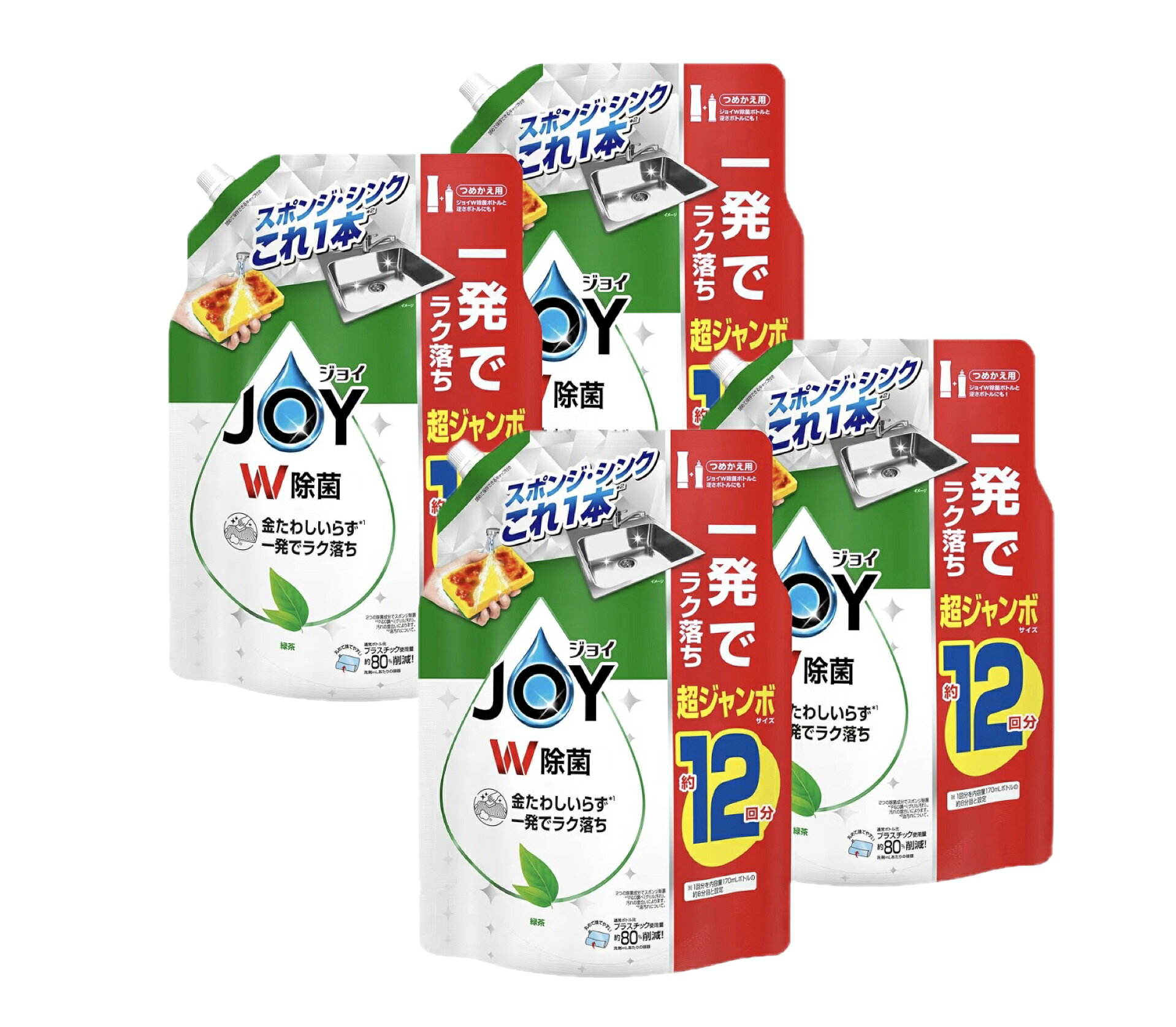 JOY ジョイ W除菌 食器用洗剤詰め替え 液体 超ジャンボ 12回分【緑茶】1,550mL×4袋