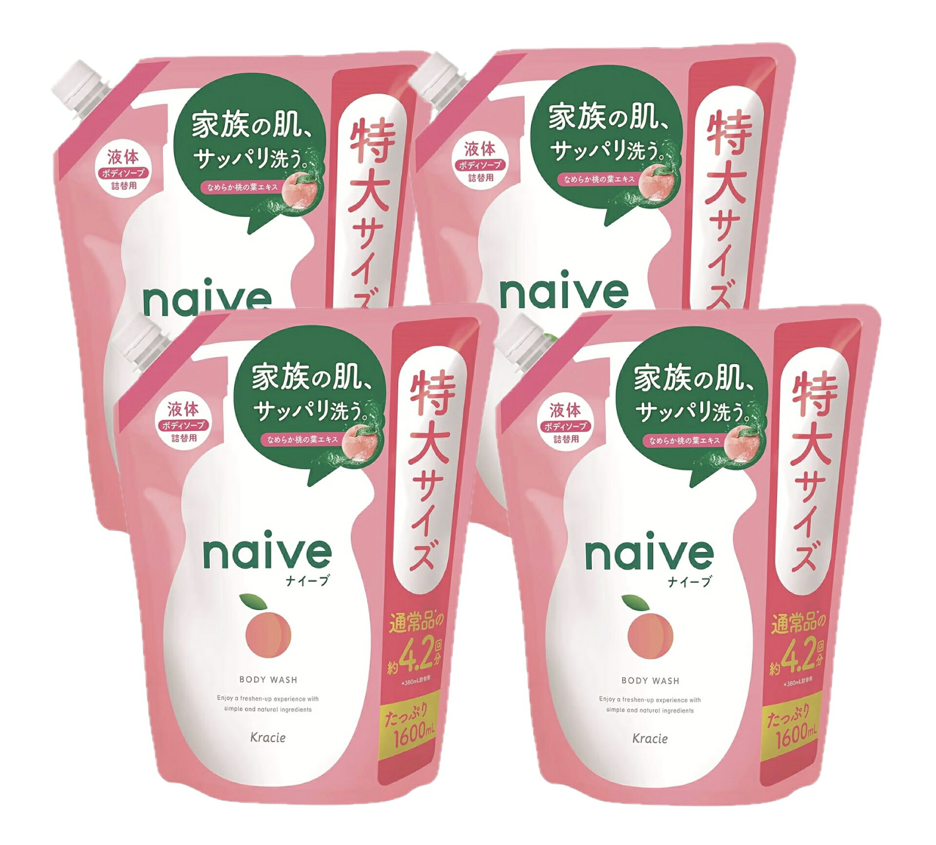 Soaps, Body Washes - ナイーブ ボディソープ【なめらか桃の葉エキス】詰替用 1600mL×4袋