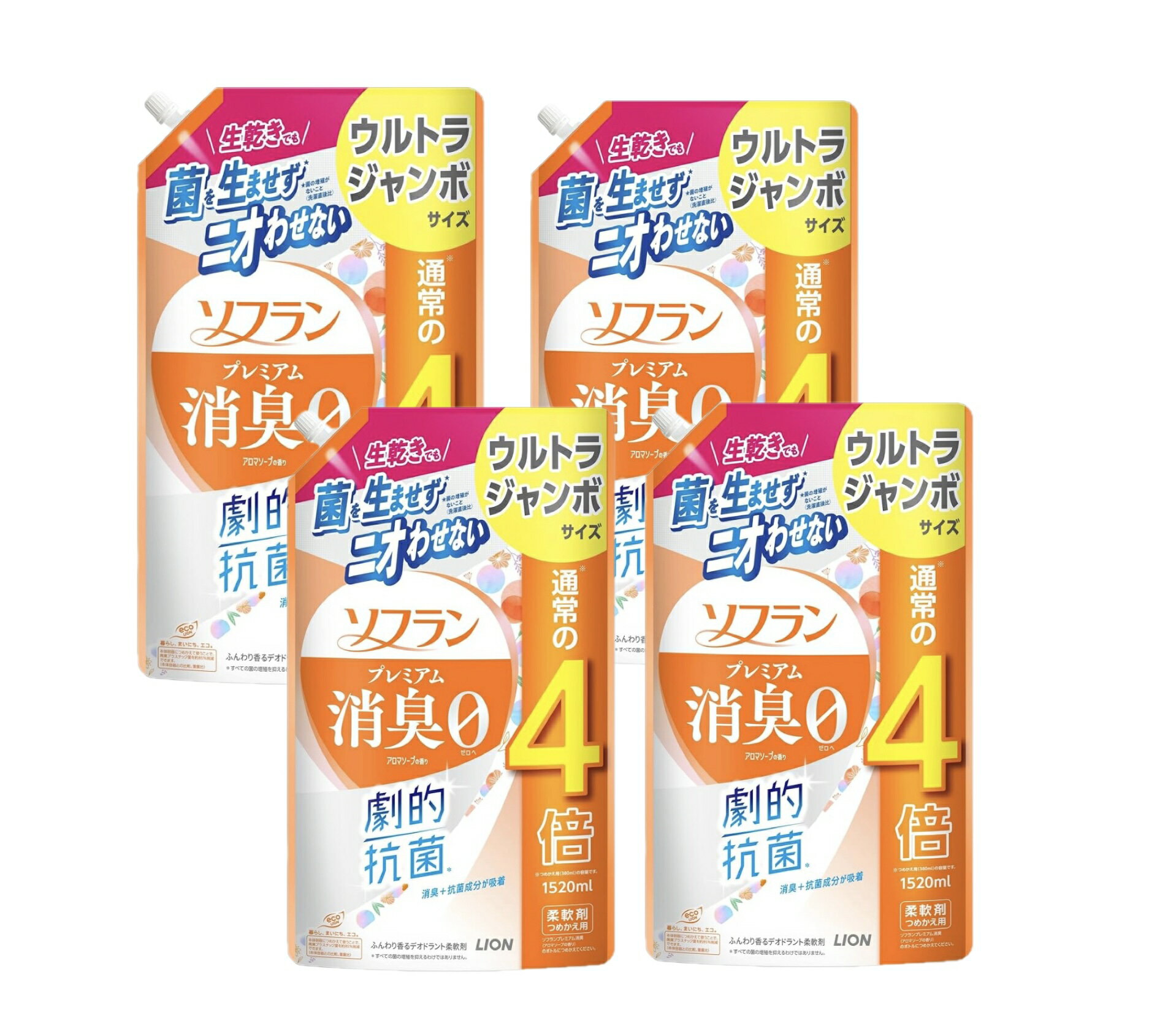ソフラン プレミアム消臭0【アロマソープの香り】詰替え ウルトラジャンボ 1520ml×4袋