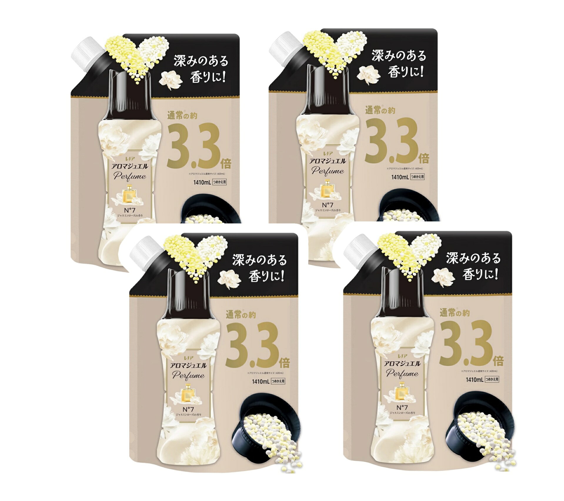 レノア アロマジュエル Perfume N°7 香り付けビーズ 【ジャスミンローズの香り】詰め替え 1410mL×4袋（大容量） ジャスミンとローズが豊潤に香りたつ、華やかで洗練されたフローラルブーケの香り。柔軟剤と比べて、超吸水*&香り長続きお洗濯のはじめに入れるだけ！ 5