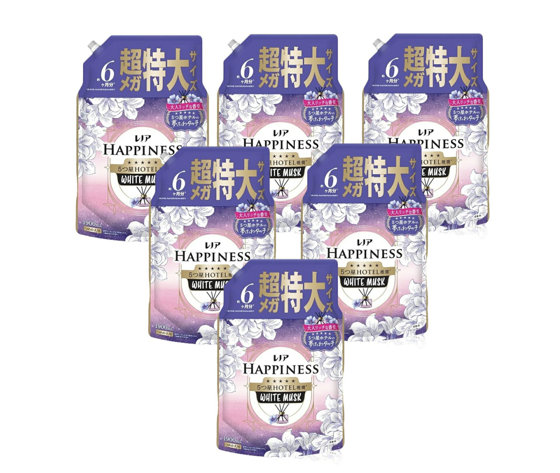 レノア ハピネス 夢ふわタッチ 柔軟剤 【ホワイトムスクの香り】 詰め替え 1,900mL×6袋
