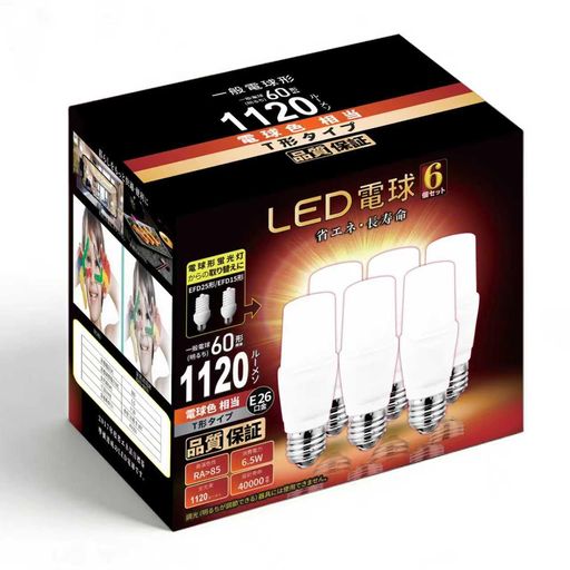 本体サイズ:外径 39mm長さ 107mm 3光色ラインアップ&amp;Ra85 光色:電球色相当 口金:E26 全光束:1120lm 定格電圧(V):100V 定格消費電力(W):6.5W(電球60形.100形相当) 密閉型器具への取り付け対応 屋外用器具への取り付け対応 保障期間:5年