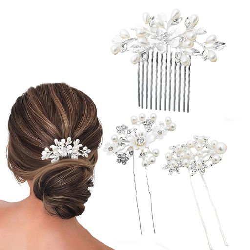 Hairpins - Qiubaollヘアピンパール髪飾り3点セットヘッドドレスお花手作りコームUピンヘアアクセサリー贈り物花嫁結婚式卒業式入学式着物和装小物(シルバー)