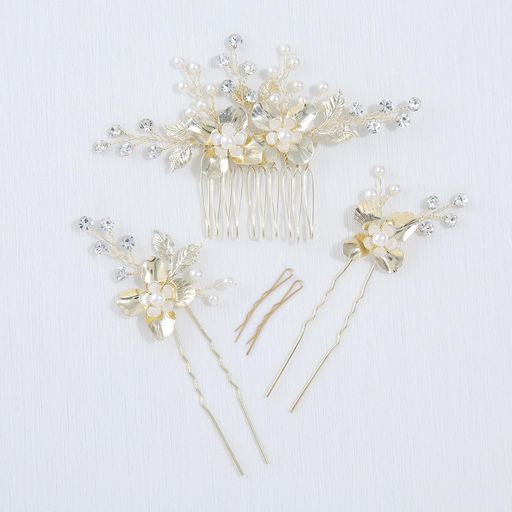 👍【お得な5点セット】高品質のコーム*1+Uピン*2+贈りピン*2、共に5点セット(画像参照) 【素材構成】樹脂パール、ストーン、合金 【色】ゴールド ご注意:光と画面の設定の違いにより、アイテムの色は写真と多少異なる場合があり、ご承知してください。 👍【見事な手作り】ヘッドドレスは1つ1つ丁寧に手作りしておりますので、上品感もあり適度な重さ。手作業で磨き上げたパールやストーンをワイヤーに付いて、優雅で上品感を演出し、美しく、女性らしい印象を与えることが可能になり、パールの美しさを最大限に生かした細工です。 👍【 幅広い場所に大活躍】華奢で可憐なヘッドドレスと言えば、「Haodeliy」製のヘッドドレスです!髪飾りはパールを散りばめた上品なデザインでドレスにも合わせやすい落ち着いた色味となって、花嫁にぴったりの髪飾りになります。結婚式以外に、発表会、披露宴、パーティー、成人式、卒業式、七五三、演奏会、コンサートなどフォーマルの場にピッタリです。