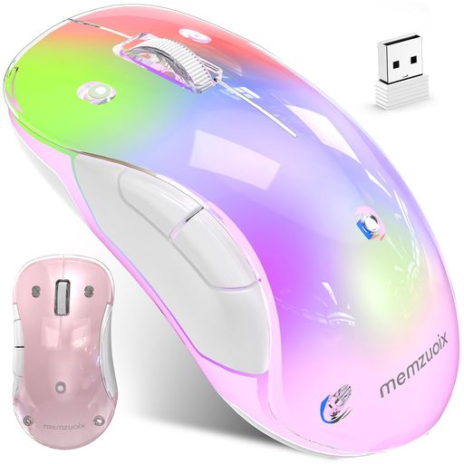 memzuoix 2.4G 無線マウス RGB LED 着脱式カバー付き 充電式 人体工学 1400DPI 光学式 5ボタン ポータブル USBレシーバー付属 PC/ノートパソコン/デスクトップ/MacBook対応 - ピンク