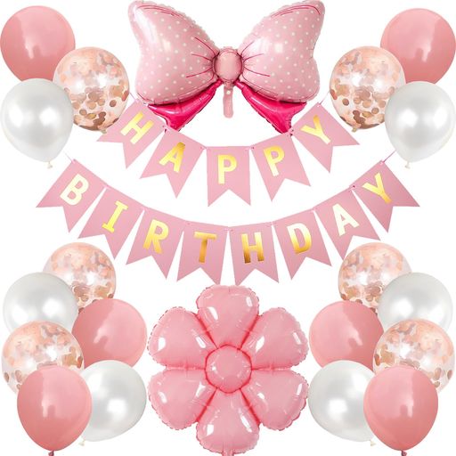 Rakuten - Lausatekバルーン誕生日風船セット飾り付けHAPPYBIRTHDAYガーランド蝶結びフラワー飾りバースデーサプライズ記念日お祝い可愛いピンク