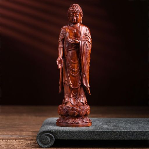 木彫りの仏像【阿弥陀如来立像】20cm 阿弥陀如来像 木製仏像 (戌・亥年生まれ)十二支守り本尊 干支(あみだにょらいり) (紫檀)