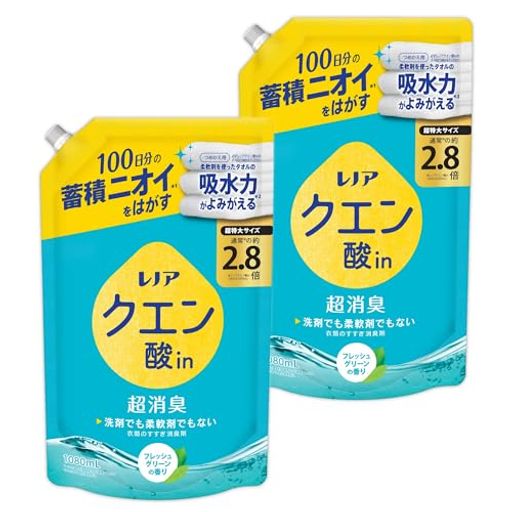 消臭,臭 消臭 100日分の蓄積ニオイをはがす* *100日間、洗浄・使用しても蓄積するニオイ 洗剤でも漂白剤でも柔軟剤でもない、衣類のすすぎ消臭剤 柔軟剤を使ったタオルの吸水力がよみがえる* *P&amp;G調べ。自社柔軟剤比。 何度も使っているタオル、スポーツウェア、肌着のニオイに気になるけれど、洗濯してもニオイが取れない。洗うだけで、生乾き・汗のニオイ癖一発リセット。臭いタオルも新品ニオイへ 漂白剤なしでも一発消臭*2 *2 P&amp;G調べ・ニオイの度合いで、落ち方の程度は異なります。 肌に優しい。赤ちゃんと子供の衣類やタオルにも安心で使える。自然由来クエン酸配合。蛍光剤・漂白剤・着色剤無添加。気温変化により、まれに液が白濁・淡黄化・成分結晶化するが、品質に影響しない。