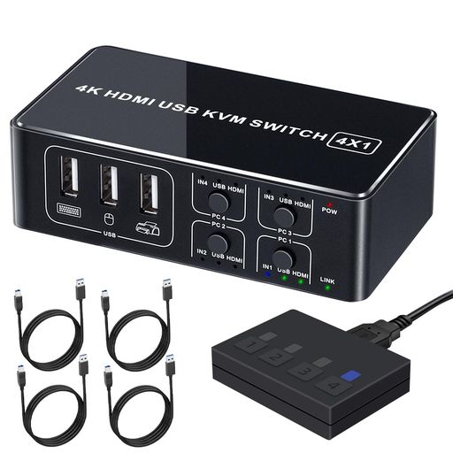 【4台用 HDMI KVM切替器】4台のパソコンを1組のキーボード、ディスプレイ、マウスで操作できるようにするパソコン切替器です。パソコン切替器を使うとデスク周りがすっきりし、スペースを節約できます。パソコンの切替は、ボタンひとつで簡単におこなえます。 【USB 2.0 x 4を搭載】USB2.0ハブを4ポート搭載しており、マウス・キーボード(ワイヤレスも可)やUSBプリンターなど各種USBデバイスを4台のパソコンで切り替えて共有することができます。(▲注意1:メカニカルキーボード(高電力消費)は確実に使用できることを保証しません。) 【4K解像度対応】4K(3840x2160)/60Hz、フルHD(1920x1080)/60Hz、3D映像などの解像度に対応しており美しく高精細なHDMI信号を出力できます。デスクトップPCでもノートPCでも Windows OS、Linux OS、Mac OSが混在した環境でも使用可能です。 【2WAY操作】お手元スイッチが同梱しますから、お手元で便利に切り替えられます。本体切り替えボタン(PC1~4)でも表示画面が切り替えられます。