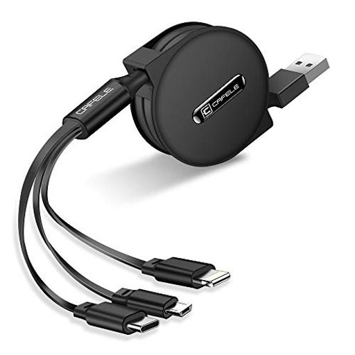 CAFELE 1-to-3 (IOS+ Micro USB+ type-C) USB充電ケーブル1.2m 巻取り式 五段階調節 急速充電 高速データ転送 伸縮式 耐久 軽量 コンパクト かわいい