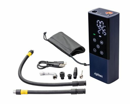 自宅での空気圧チェックからツーリング先でも使える大人気のスマートエアポンプが更に快適に使えるセットになりました。オプション品のロングエアホースとバルブエクステンションがついて本体もキジマカラーになったオールインワンモデル。 2000MAH/7.4Vバッテリー/最大150PSI(20L/MIN)の高出力モデル、TYPEC充電 超コンパクト設計&amp;収納袋で持ち運びも簡単(エアパイプは本体に収納可能)、30CMのロングエアホース(米式)、エアバルブエクステンション(米式用)付き オートストップ機能で指定の空気圧まで自動調整 各種アタッチメント付属で自転車・ボール・浮き輪にも使用可能 ※付属の90度エアバルブエクステンションバルブは米式です。その他のアダプターと併用は出来ません。