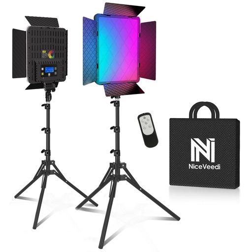 樂天商城 - NiceveediRGBLEDビデオライト40W高出力撮影用ライト540LED大型パネルバイカラー2700K〜6500K無段階調光CCT/HSI/RGB/シーンモード20種類2個セット三脚スタンド付き高さ190cm対応リモコン操作