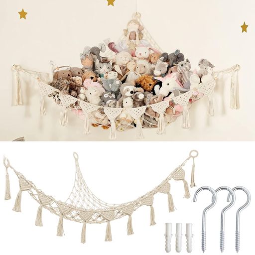 1.【たっぷり収納できる三角ネット】白色の三角形ぬいぐるみ収納ネット(約100x100x145cm)は、ぬいぐるみや小さなおもちゃをたっぷり収納可能。床のスペースを有効活用し、散らかりを防いで子供部屋やプレイルームをすっきり整理できます。 2.【高品質素材】高品質のコットンロープ素材を使用、編み耐久性のあるメッシュ。軽量ながらしっかりとおもちゃを支え、安全設計でお子様が触れても安心です。破れにくく長期間使用できます。 3.【簡単に設置可能】付属のフックと取り付け部品で、壁やコーナーに簡単に設置可能。すぐに整理整頓を開始でき、部屋全体を快適な空間に変えます。 4.【多用途で便利】ぬいぐるみだけでなく、人形、ボール、枕、軽いスポーツ用品なども収納可能。子供の整理整頓スキルを育てるのに役立つほか、ベビーシャワーや誕生日のギフトとしても最適です。 5.【インテリアに馴染むデザイン】清潔感のある白色デザインで、どんな部屋にも自然に馴染みます。おしゃれな見た目と実用性を兼ね備え、子供部屋やリビングのアクセントとしても活躍します。