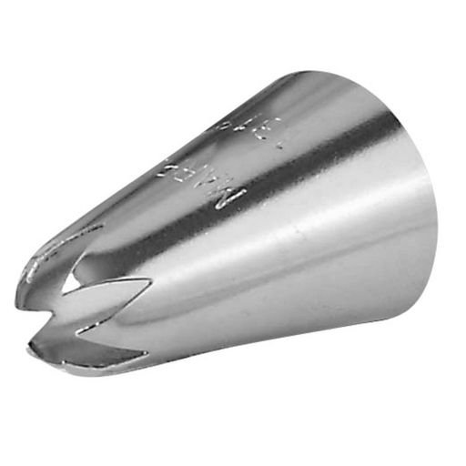 用途:デコレーションや生地の絞りの際に 外径サイズ(約):Φ18(口先Φ9)xH28mm 重量(約):3g 用途:デコレーション口金 口先の形状:花(6切) 仕様:真鍮製ニッケルメッキ仕上げ 注意:真鍮製品は柔らかいため、強い力を加えると変形しますのでご注意ください。 注意:火のそばに置かないでください。製品の変形や、やけどの原因になります。 注意:たわし、または、みがき粉でみがくとメッキが剥がれる恐れがあります。