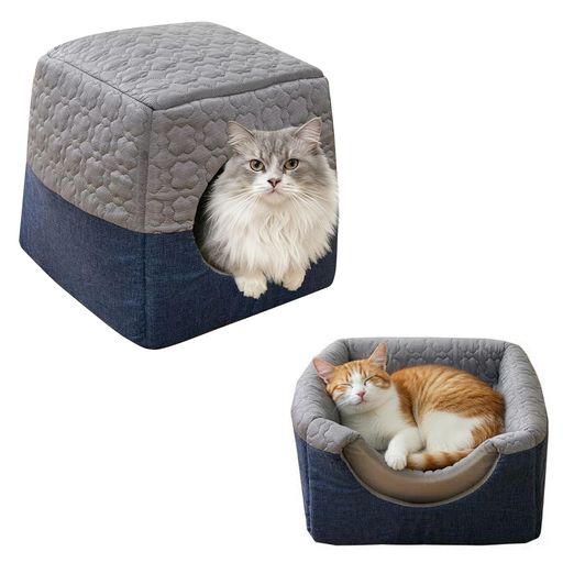【商品仕様】Mサイズ(展開):約35*35*33CM、入り口の直径:約22CM。色:ブルー 重さ:約0.58kg 材質:接触冷感生地・亜麻生地・スポンジ材質 セット内容:ペットハウスx1クッションx1(真空圧縮パッケージ)備考:水洗い可能 小型犬や猫に適用、他の小型ペットにもお使いいただけます。 【年中使用可能】多季節に対応できるペットベッド。外側は接触冷感生地で作られており、春夏の季節や暑い日も快適に過ごせます。内側は通気性の良い亜麻生地採用し、付属のふわふわなクッション入れると、冬でも暖かくて眠ります。 【3WAYベット型/ハウス型/ソファー型】自由に変換できる3WAY仕様、使う場合と季節によってお気楽に転換できます。ハウス型にして狭くて暗い場所が好きなネコちゃんに適用、ハウスの天井を押し込めば、ペットベッドとしても使用することができます。天井の2つの角を押し込めば、ペットソファーにも転換できます。大切な猫ちゃんやワンチャンが快適な空間の中で休めます。 【クッション付き&amp;滑り止め】ふわふわで柔らかいクッション付き。高弾力のスポンジ材質を採用し、繰り返し折りたたんでも変形にくい、すぐに元に戻ります。