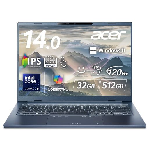 Acer Swift Go 14 AI インテル Core Ultra 5 IPS 非光沢 タッチディスプレイ sRGB 100% WUXGA 16:10 32GBメモリ 512GB SSD 14インチ 23.5時間駆動 薄型軽量 1.24kg