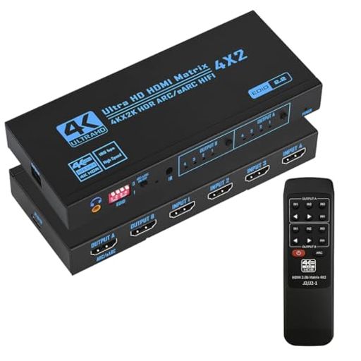 HDMIマトリックス 4入力2出力 HDMI 2.0b、HDCP 2.2、HDR10、4K @ 60Hz、EDID2.2、U...