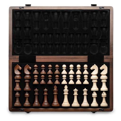 PATENTED DESIGN: A&amp;A original mini bracket supports the board like a table leg, so the board is completely flat when played. CHESS BOARD: Made of natural wood, smooth surface,15 inch board with 1.6 inch squares;the chess box has spots to store all the pieces inside, no need to worry about losing chess pieces anymore. MAGNETIC CHESS PIECES: Comes with 2 extra queens, 34 pieces have the perfect amount of magnetism, it's just enough magnetism to keep them in their place when moving the chess board around.