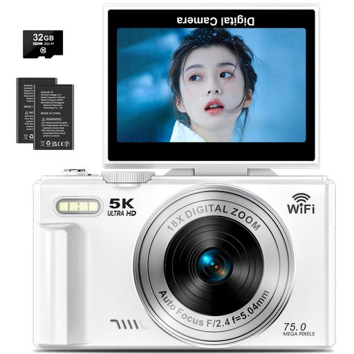 デジタルカメラ5K動画7500万画素デジカメスマホに送れるWIFI転送機能18Xデジタルズーム32GBMicroSDカード付きAFオートフォーカスLEDライトウェブカメラ3.0インチ大画面充電式バッテリーコンパ…