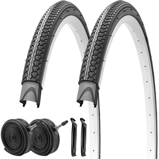 セット内容:27インチ タイヤ2本、英式タイヤチューブ2本、タイヤレバー2本。 サイズ:27 x 1 3/8インチロードバイクタイヤ(ETRTO: 37-630 mm)、色: ブラック、TPI: 30、PSI最大65まで。タイヤチューブバルブ形式:英式バルブ32mm。 パターン設計による安定した走行性能‌:排水溝付き非対称トレッドにより、雨天時の水抜け性能を向上し、滑りを抑制します。さらに、舗装路や不整地でも安定したグリップを発揮します。縦方向の主溝により、直進時の抵抗を低減し、漕ぎやすさを実現します。 優れた耐久性・低ローリングレジスタンス‌:‌高強度ゴム配合と軽量カーカス構造のバランスにより、日常の通勤や買い物、週末の公園散策、中距離の休日走行に適しています。 簡単な取り付け‌:取り付けが簡単で迅速です。折りたたみ式ビード設計で、収納や持ち運びに便利です。