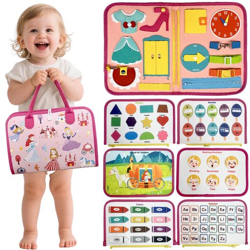 【モンテッソーリ教育対応】知育玩具の決定版!このビジーボードは、3歳・4歳のお子様の「指先訓練」と「早期教育」に最適です。色・数字・形・アルファベット(大小文字)・英語単語を楽しく学べ、モンテッソーリ教育の理念に沿った多機能デザイン。入園準備にもぴったりで、男女問わず人気の知育玩具です。 【12種類の学習テーマ】遊びながら学べる!数字の数え方(英語付き)、26文字のアルファベット、12色・12形状の英語単語、恐竜パズル、大きさ比べなど、知的好奇心を刺激するコンテンツが満載。日常生活スキル(ボタン・靴紐・ファスナー・時計・ベルト留め・マジックテープ)も練習でき、総合的な能力を育みます。 【持ち運び便利なバッグ型】お出かけにも最適!軽量でコンパクトなバッグデザインなので、旅行や外出時にも便利。水洗い可能で衛生的、繰り返し使える耐久性があります。クリスマスや誕生日プレゼントに喜ばれる実用的なおもちゃです。 【安全設計】安心して遊べる!角のない柔らかい素材を使用し、小さなお子様も安全。カラフルなデザインで興味を引きつけ、集中力を養います。男の子・女の子問わず人気の知育玩具で、ギフト選びに迷ったらぜひおすすめです。