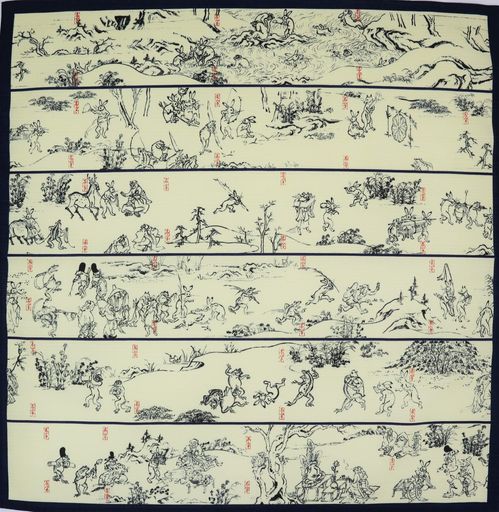 丸全 風呂敷 綿風呂敷 鳥獣戯画甲巻 紺 約50x50cm 日本製 簡単に包める お弁当包み 軽くて便利 国産 コンパクト商品