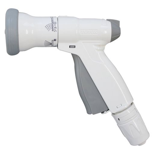 使用流体:水 使用圧力:0~0.7MPa(0~7kgf/cm2) 使用温度範囲:0~60度 水の出し方:拡散・直射・シャワー・ジョーロ・ストップ・水量調節 材質:ABS・POM・PP・NBR・EPDM・ステンレス