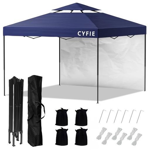 CYFIE タープテント 3mx3m サイドシート1枚付 ワンタッチタープ 風抜けベンチレーター付 テント ワンタッチ 高さ3段階調節 ブルー