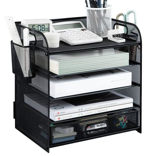 JINS&VICO卓上収納ラック引き出し付きファイルボックス5段ペン立て付きレタートレー書類棚金属製メッシュペン新聞/雑誌/A4ファイル/フォルダ/書類/小物入れ机上/デスク/プリント/オフィス/…