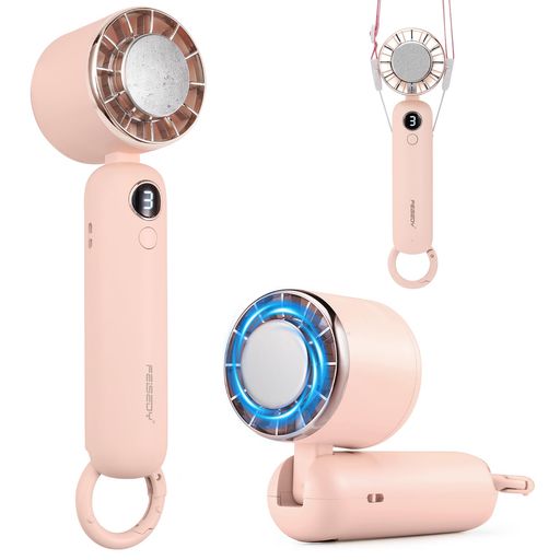 [FEISDY] ハンディファン 携帯扇風機 冷却プレート搭載 3段階風力調節 5000mAh大容量電池 カラビナ付き ストラップ付属 手持ち/首掛け/卓上扇風機 LED残量表示 USB充電式 90°折り畳み ミニファ…
