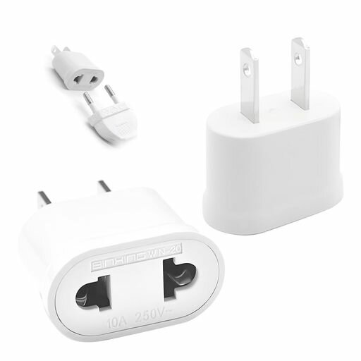 変換プラグ2個入り電源変換プラグ欧州規格右向き矢印日本規格ヨーロッパ製家電対応欧州電化製品日本国内用家庭用電源変換アダプター絶縁安全設計薄型軽量