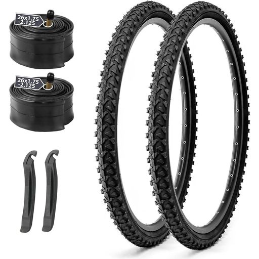 26インチのマウンテンバイクタイヤ交換キットには、2本のタイヤ、2本のインナーチューブ、および2本のタイヤレバーが含まれています。自転車タイヤサイズ:26x1.95インチ(ETRTO:52-559mm);最大充填圧力は40P.S.I(275Kpa/2.75BAR)です。 広くてブロック状のノブのトレッドパターンは均一で、優れた安定性と岩や他の難しい地形を吸収する優れたグリップを提供します。 26インチのMTBタイヤとインナーチューブは、高品質のゴム材料で作られており、良好な衝撃吸収性、防パンク性、耐摩耗性を備えています。 MOHEGIAオールラウンド折りたたみビードタイヤセットは、折りたたみや携帯が簡単で、優れたトラクションと耐久性の組み合わせを提供し、MTBのダートオフロードサイクリングトリップに最適な機能的バランスを提供します。 注意:タイヤセットはパッケージに折り畳まれていますので、取り付け前に1〜2日展開して配置してください。購入前にタイヤの幅と寸法を注意深く確認してください。