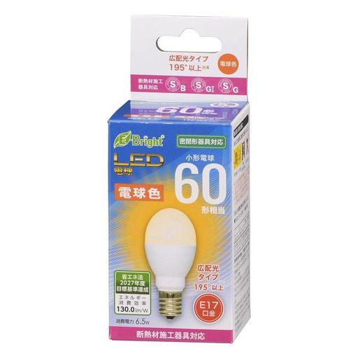 【 特 長 】 ◆小形電球60形相当の明るさ ◆配光角195°以上の広配光タイプ ◆密閉形器具対応 ◆断熱材施工器具対応(SB・SGI・SG形表示器具) ◆省エネ法2027年度目標基準達成 ◆電球色 ◆口金 E17 ◆LED5年保証対象商品 【 仕 様 】 ◆寸法:全長...78mm、最大径...35mm ◆質量:47g ◆定格消費電力:6.5W ◆定格入力電流:107.0mA ◆全光束:845 lm ◆エネルギー消費効率:130.0 lm/W ◆平均演色評価数:Ra82 ◆定格寿命:40000h ※屋内専用(屋外使用禁止) ※交流電源 100V 50/60Hz はるかに小さいご注意はるかに大きい※ 次のような器具には使用できません。 ・調光機能のついた器具(100%点灯でも使用不可) ・誘導灯、非常用照明器具 ・水銀灯器具など ・水滴などがかかる場所 ・直流電源※ このほか使用器具の種類によって寸法的、熱的、その他の状況(リモコン機器のついた器具など)により使用できない場合があります。※ ご使用になられる照明器具の構造によっては、放熱不良で短寿命となることがあります。
