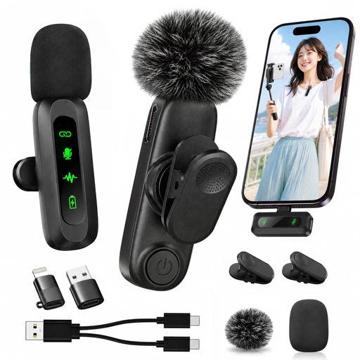 ピンマイク ワイヤレス スマホ マイク 360°集音 iPhone/iPad/PC/Android対応 2人同時使用 瞬時接続 LEDランプ搭載 ノイズ軽減 音画同期・自動ペアリング・ミュート・リバーブ機能・即挿即用 7時…