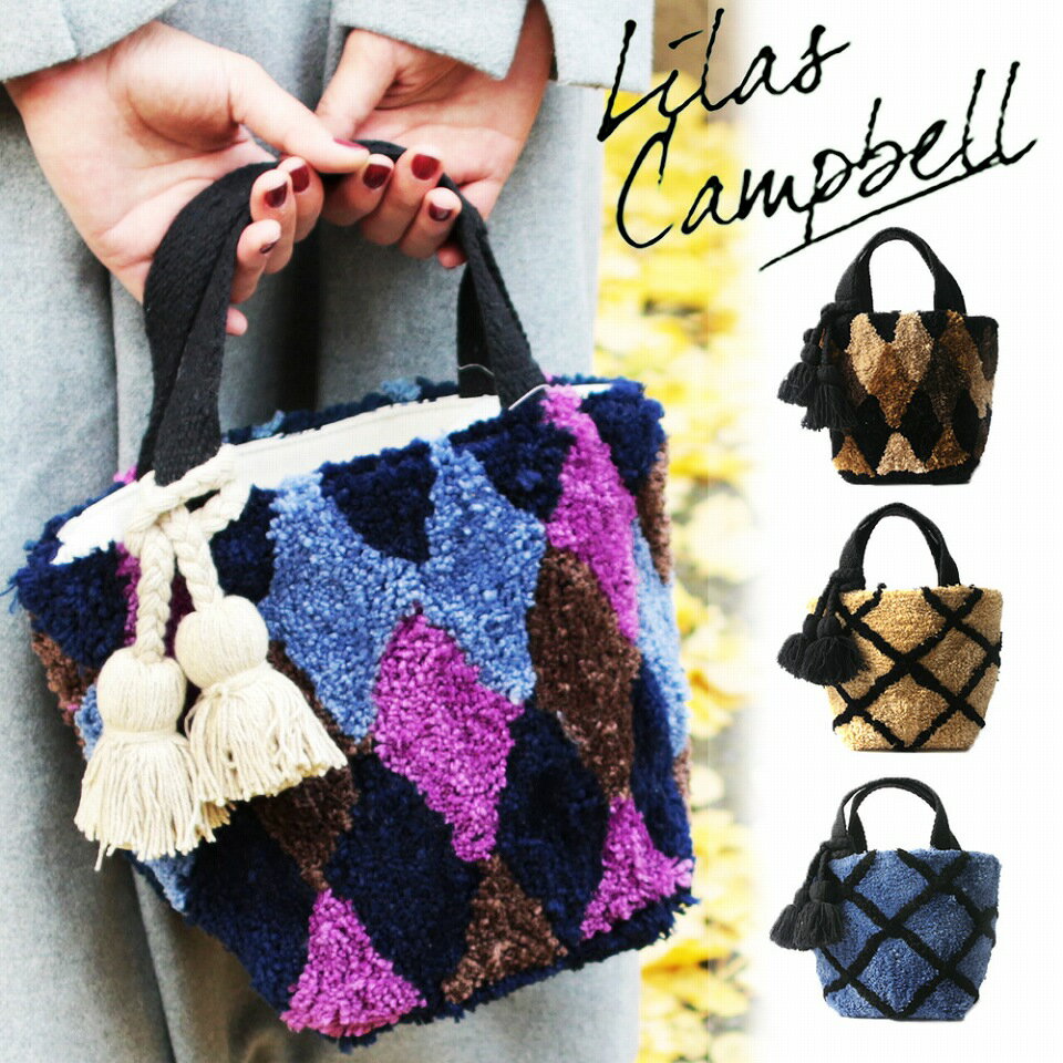 Lilas Campbell ミニ トート リラキャンベル バッグ レディース 女 秋 冬 タッセル もこもこ 格子柄 ダイヤ チェック 小さめ ブラック/ベージュ/ブルー 14933900 14933800 ギフト ランチバッグ プレゼントのサムネイル