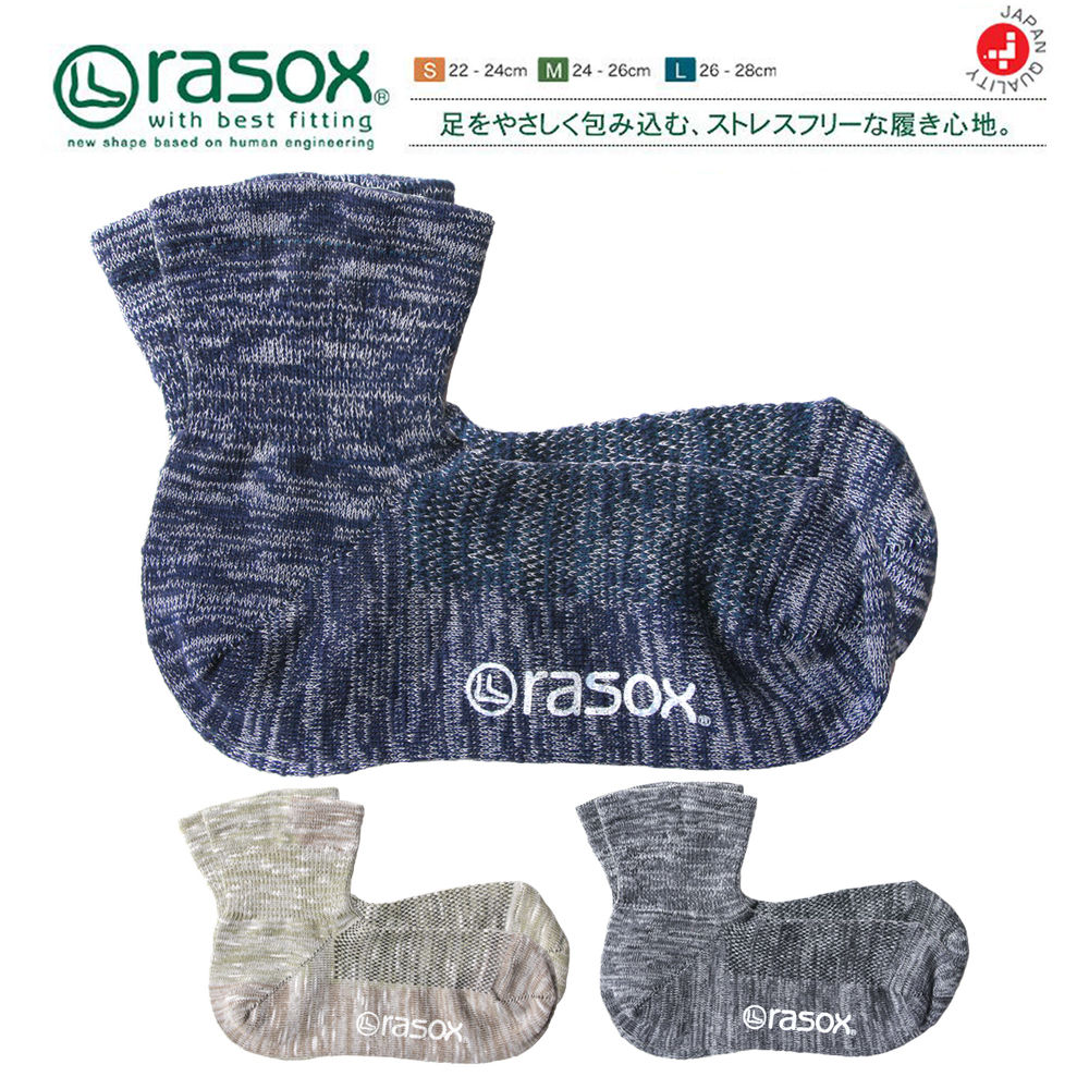 【メール便無料】rasox ラソックス 日本製 クール ミッド ストレッチ コットン メッシュ編み L字型 クルー 靴下 ソックス メンズ レディース ユニセックス 接触冷感繊維 無地 グレー/ネイビー/チャコール S/M/L CA141LC01 ギフト バレンタイン プレゼントプレゼント