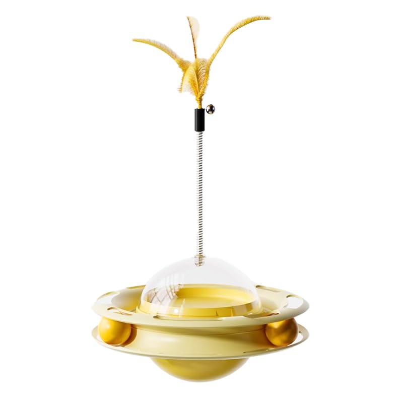 4in1 猫おもちゃ 知育ボール 食事制御 追跡ゲーム 安定デザイン ストレス解消 (イエロー)