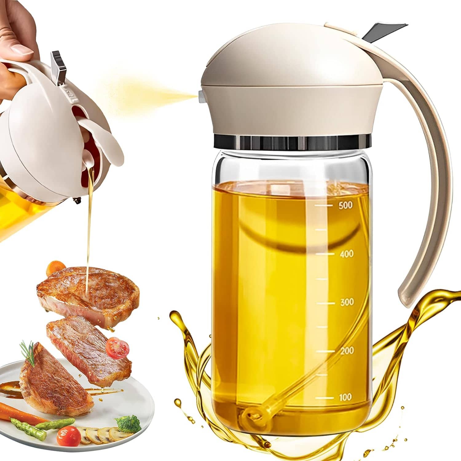 【2in1】オイルボトル 油を注ぐ/スプレー 料理用 オイルスプレー 500ml 液だれしない 片手 オイルポット スプレーボトル オイル入れ 料理用 調味料 ボトル 容器 油ボトル 透明 防塵 高温耐性 漏れ防止