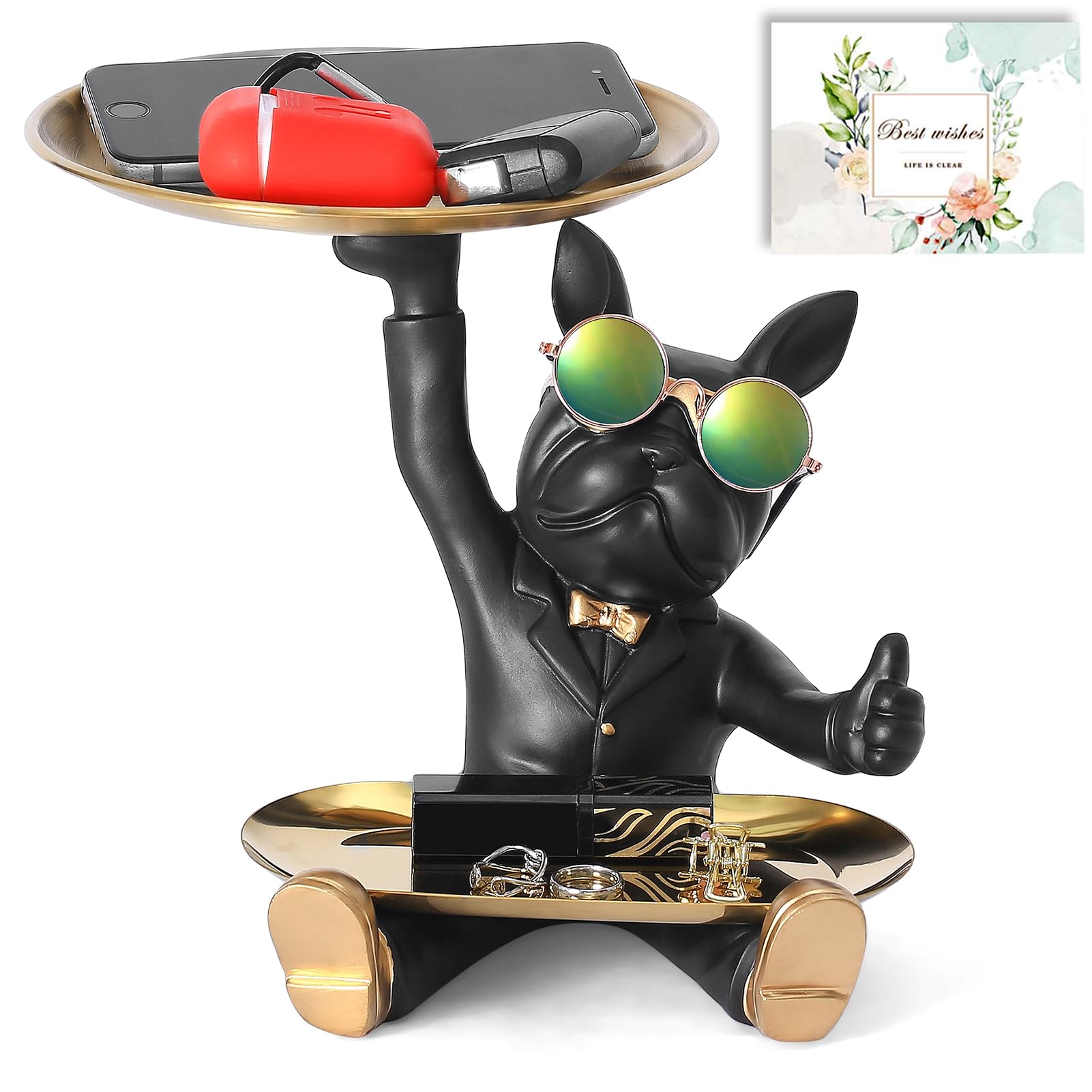 座っている犬さん置物 2枚 ゴールドの収納トレイ付き フレンチブルドック 眼鏡やギフトカード付 皿を捧..