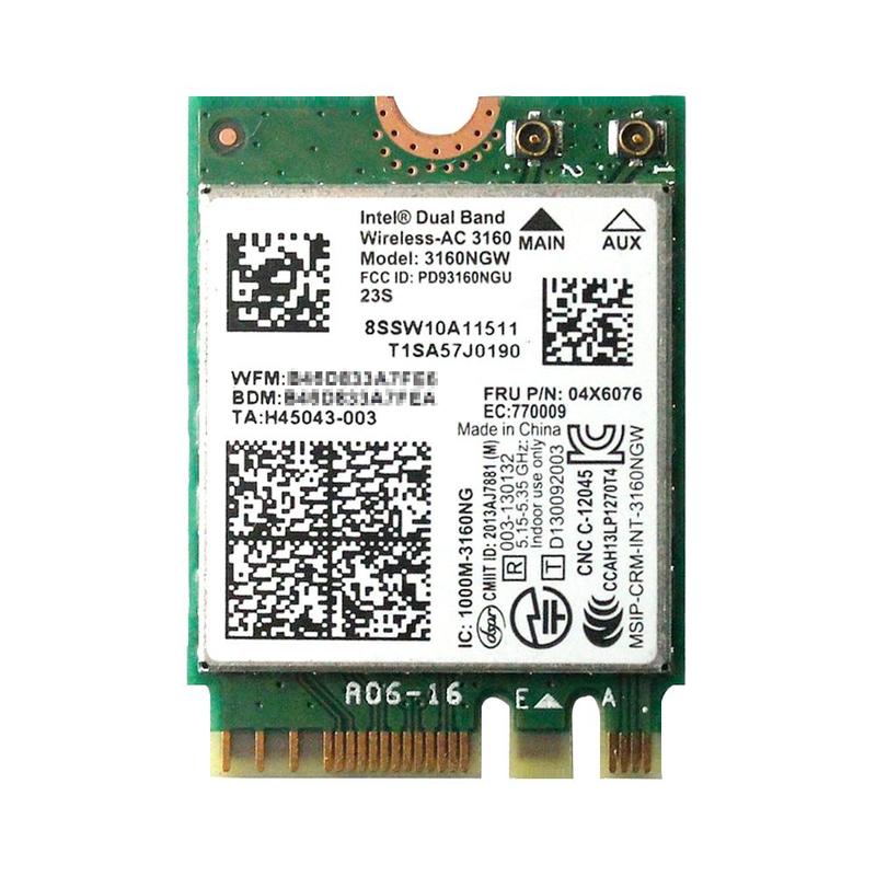 Lenovo純正 04X6034/04X6076 Intel Dual Band Wireless-AC 3160 433Mbps 802.11ac + Bluetooth 4.0 M.2 無線LANカード 3160NGW for Leno
