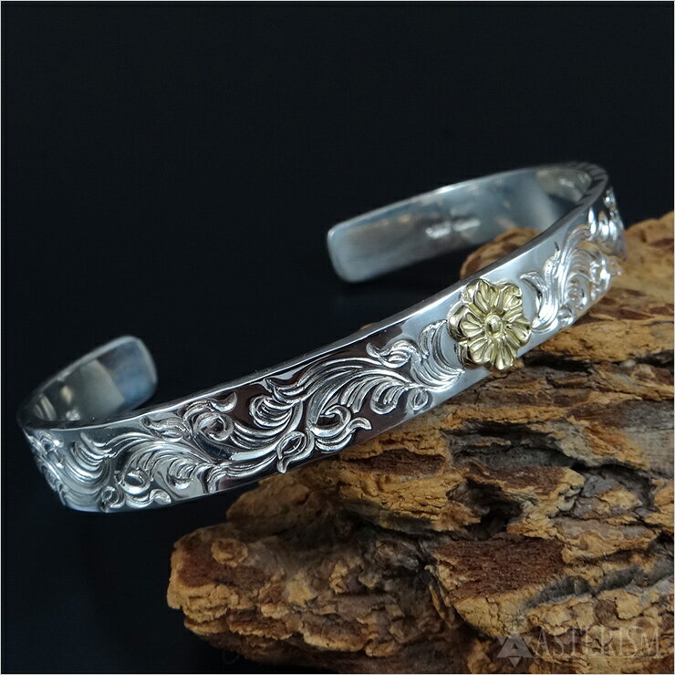 Dear Blossom（ディアブロッサム）「K18 ワイルドローズ唐草バングル ナロー」【手彫り シルバー インディアンジュエリー ネイティブ ブレス メンズ 人気 ブランド プレゼント 通販】B-085