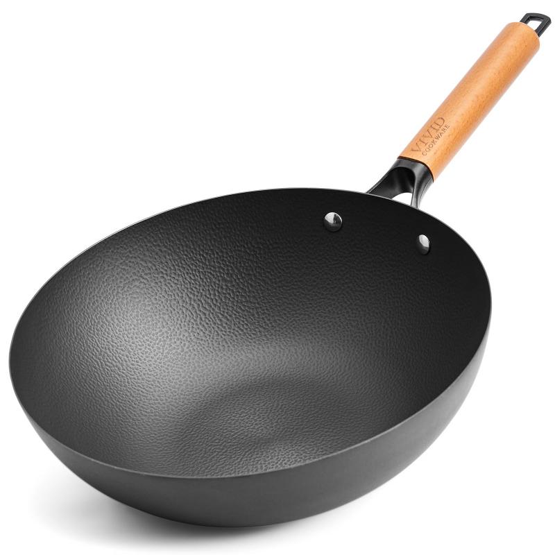 VIVIDCOOKWARE 12.6インチ カーボンスチール中華鍋 平底炒め鍋 木製ハンドル付き 伝統的な中国の鉄製調理器具 ガス・電気・電磁調理器対応