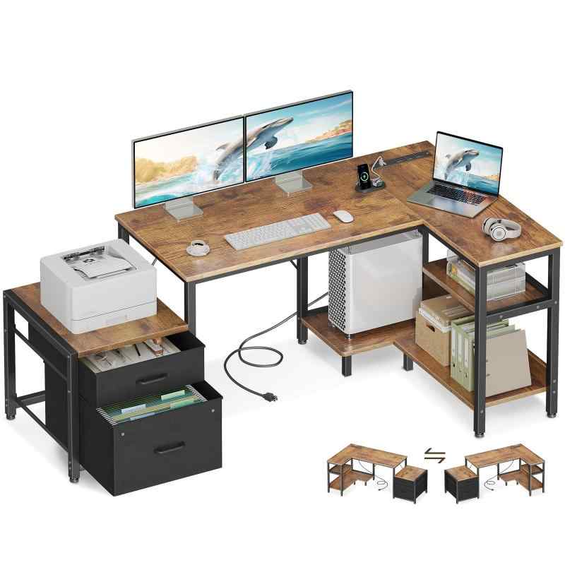 AODK ゲーミングデスク 引き出し2杯 パソコンデスク コンセント付き l字デスク 棚付き デスク 机 幅140..